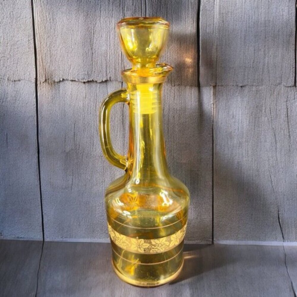 VINTAGE Himark Italy‎ Glass Decanter With Stopper Gold Leaf Grape Motif Bottle